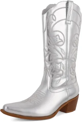 AMINUGAL Cowboy Boots for Women Mid Calf Cowgirl Boots Pointed Toe Chunky Heel Embroidered Western Boots Women Pull On Fashion Retro Classic Ankle Boots