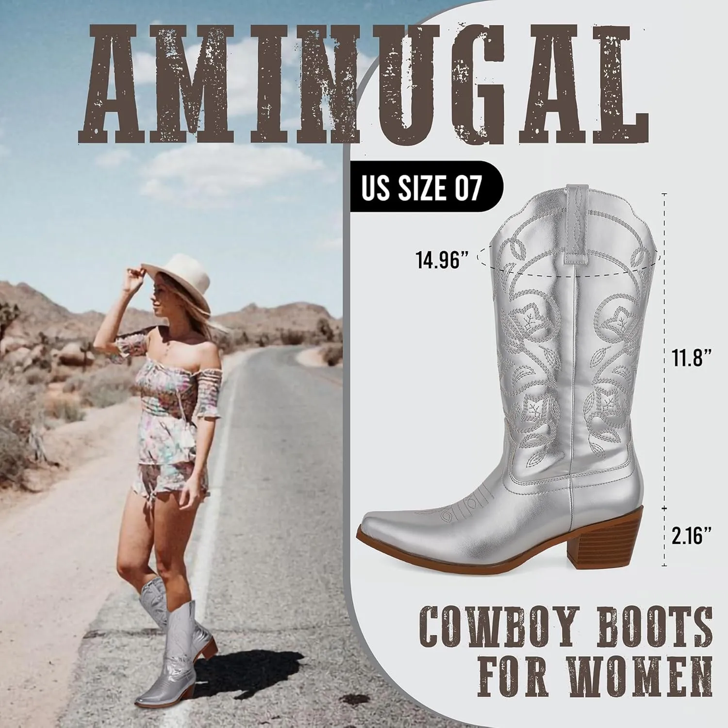 AMINUGAL Cowboy Boots for Women Mid Calf Cowgirl Boots Pointed Toe Chunky Heel Embroidered Western Boots Women Pull On Fashion Retro Classic Ankle Boots