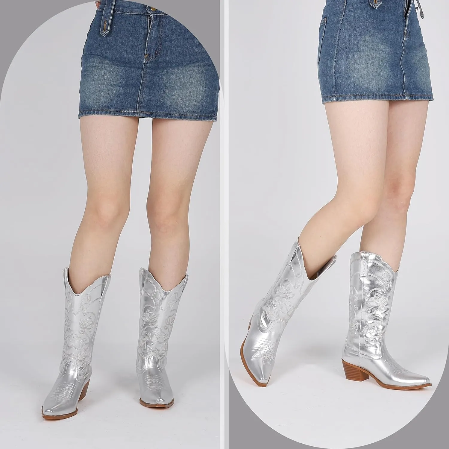 AMINUGAL Cowboy Boots for Women Mid Calf Cowgirl Boots Pointed Toe Chunky Heel Embroidered Western Boots Women Pull On Fashion Retro Classic Ankle Boots
