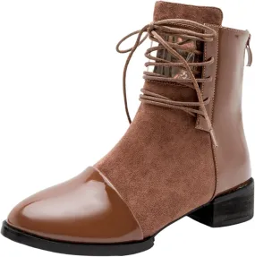 AUNTHUI Women's Patent Leather Back Zip Low Heel Ankle Boots,Outdoor Non-slip Comfortable Casual Walking Fashion Chunky Heel Ankle Boots