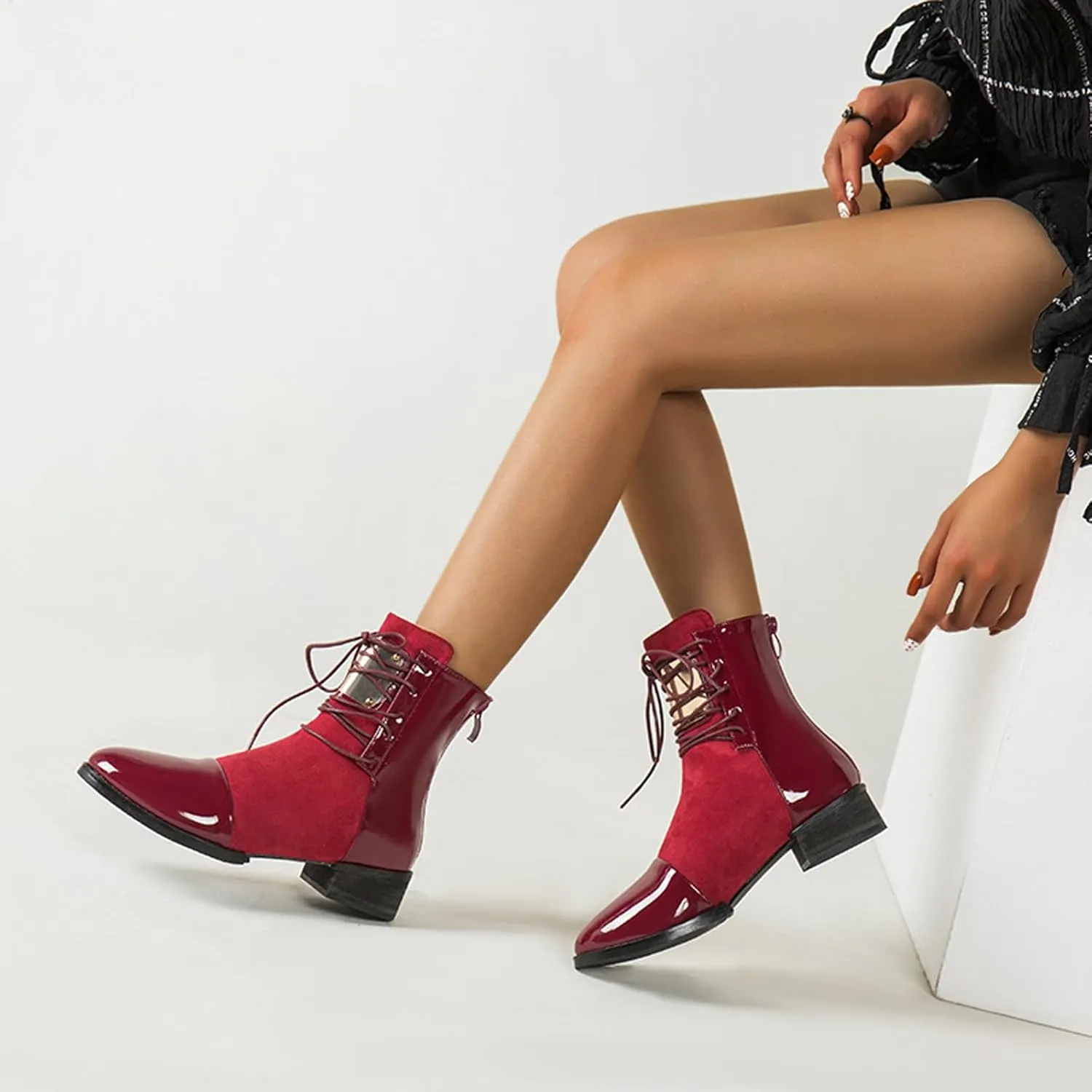 AUNTHUI Women's Patent Leather Back Zip Low Heel Ankle Boots,Outdoor Non-slip Comfortable Casual Walking Fashion Chunky Heel Ankle Boots