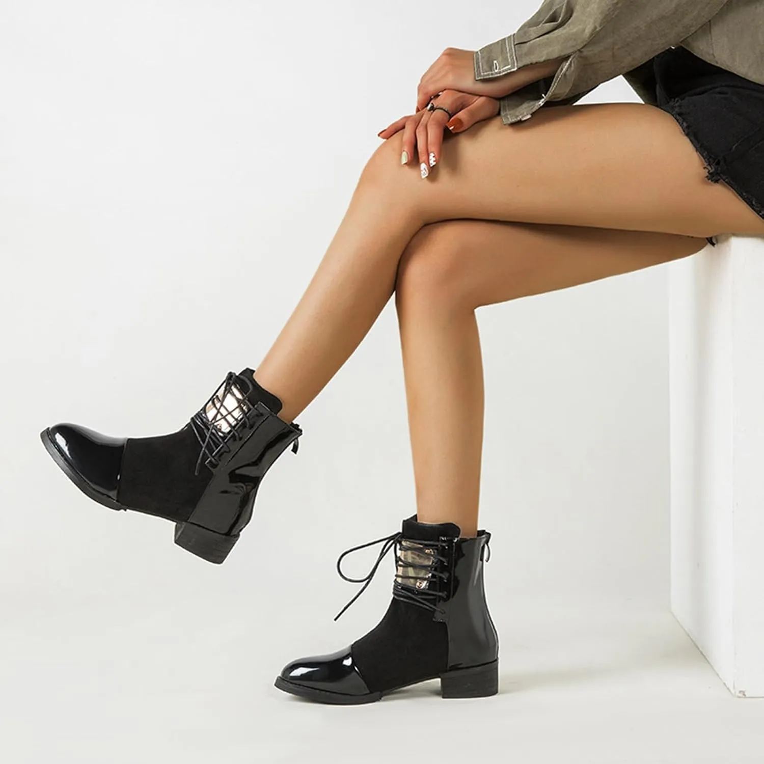 AUNTHUI Women's Patent Leather Back Zip Low Heel Ankle Boots,Outdoor Non-slip Comfortable Casual Walking Fashion Chunky Heel Ankle Boots
