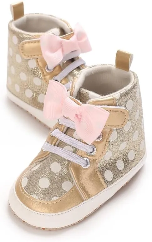 Baby Girls High Top Ankle PU Leather Bow Sneakers Infant Moccasins Newborn Loafers Anti-Slip Toddler Wedding Uniform Dress Shoes