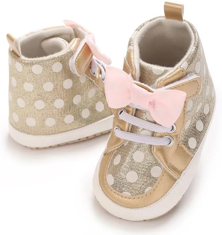 Baby Girls High Top Ankle PU Leather Bow Sneakers Infant Moccasins Newborn Loafers Anti-Slip Toddler Wedding Uniform Dress Shoes
