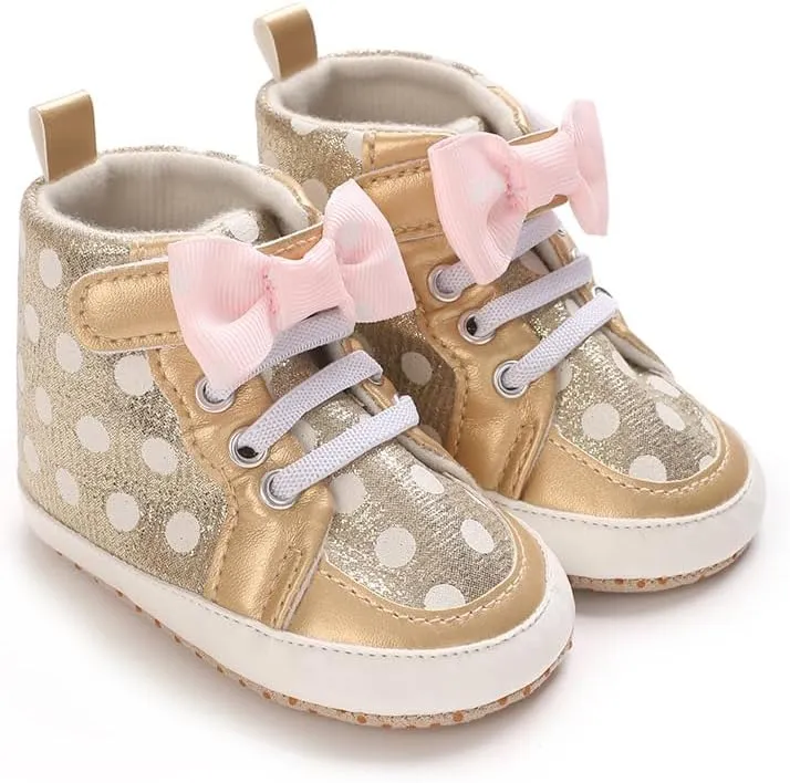 Baby Girls High Top Ankle PU Leather Bow Sneakers Infant Moccasins Newborn Loafers Anti-Slip Toddler Wedding Uniform Dress Shoes