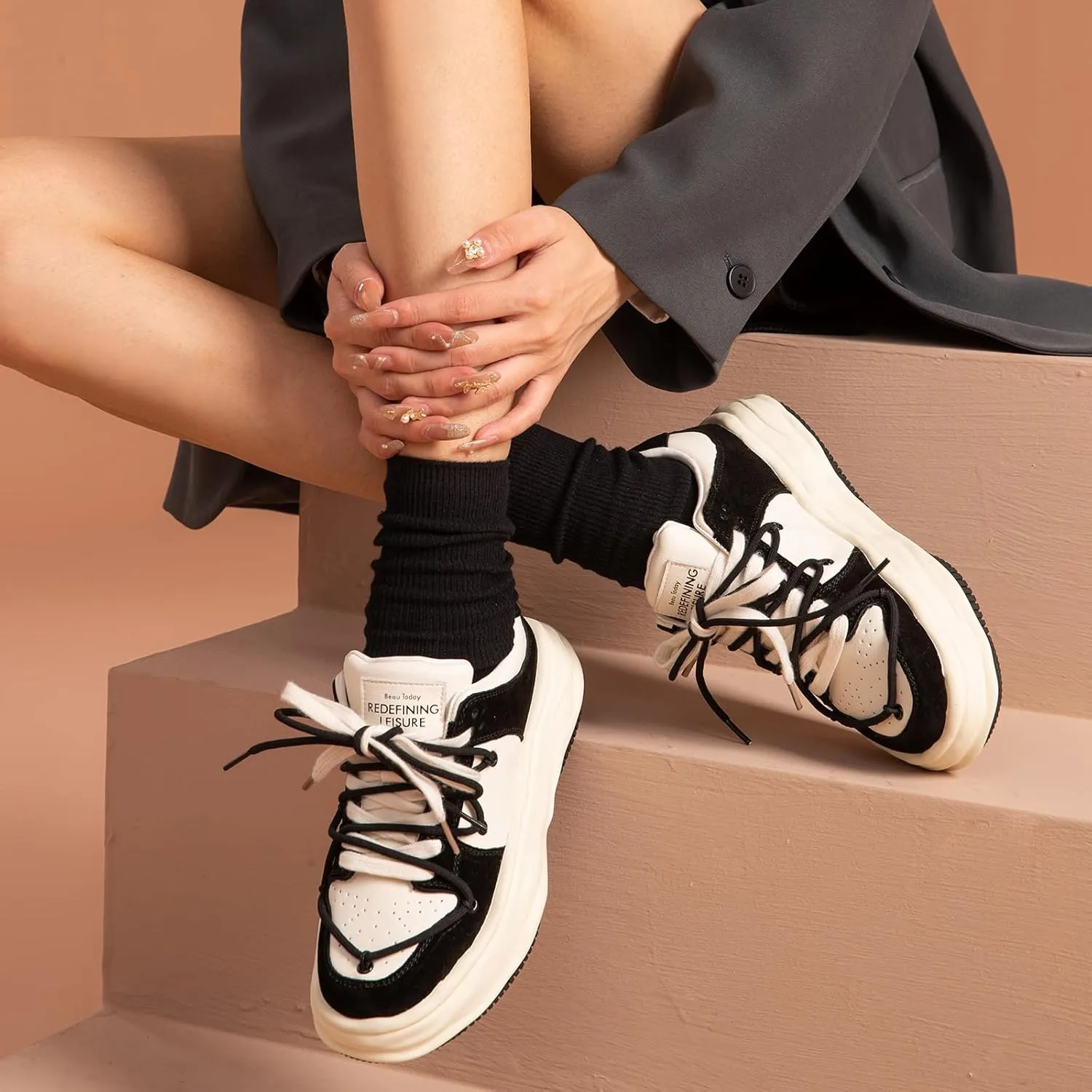 BEAU TODAY Women's Platform Fashion Sneakers, Chunky Sneakers for Women, Lightweight Comfortable Walking Shoes Lace Up Casual Shoes for Outdoor Work