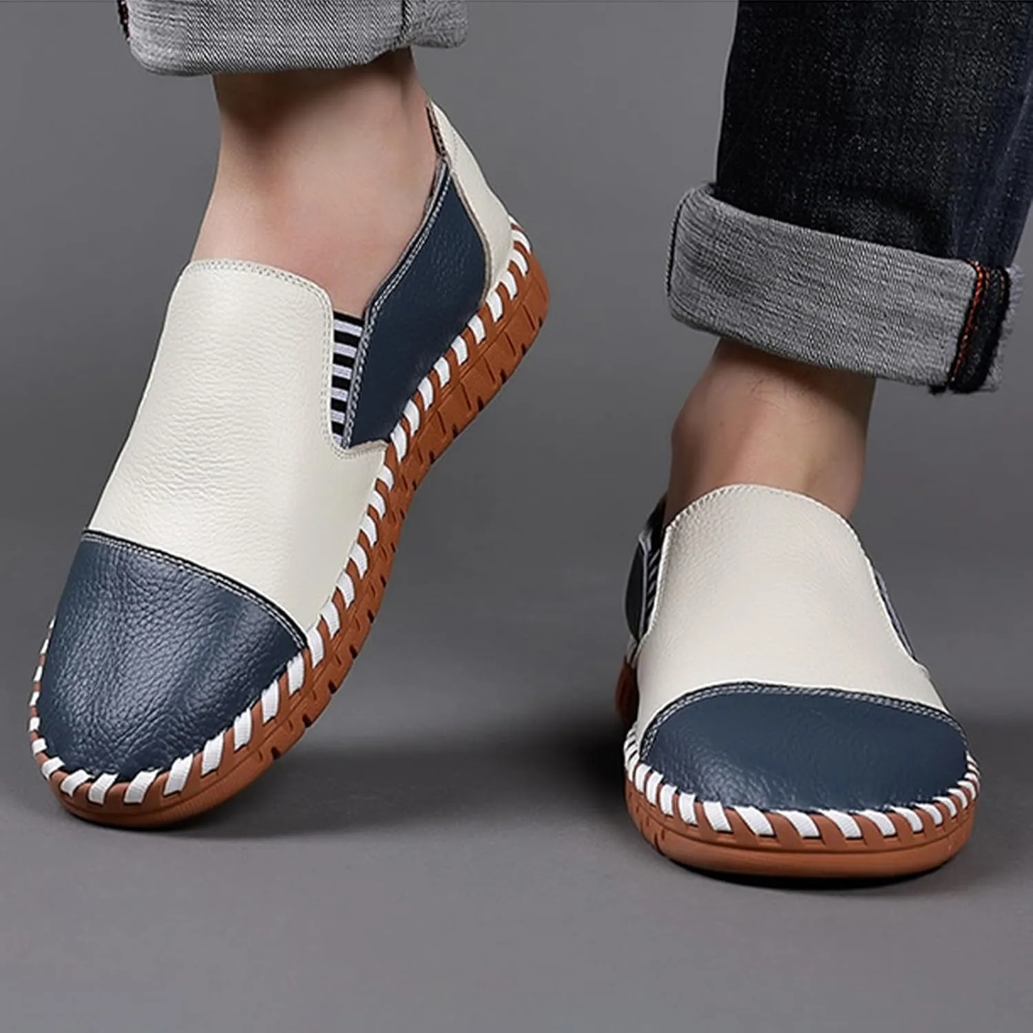 BlackeEight Men's Slip On Colorblock Casual Leather Shoes,Comfort Hand-Stitching Non-Slip Softsole Driving Loafers Fashion Sneakers