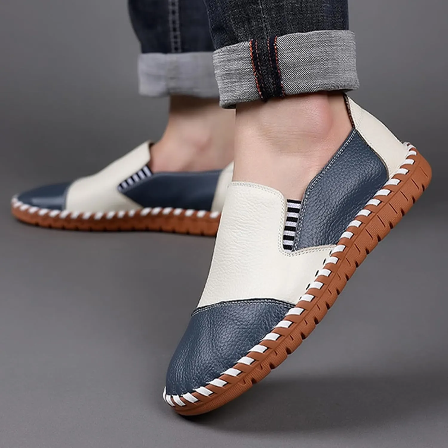 BlackeEight Men's Slip On Colorblock Casual Leather Shoes,Comfort Hand-Stitching Non-Slip Softsole Driving Loafers Fashion Sneakers