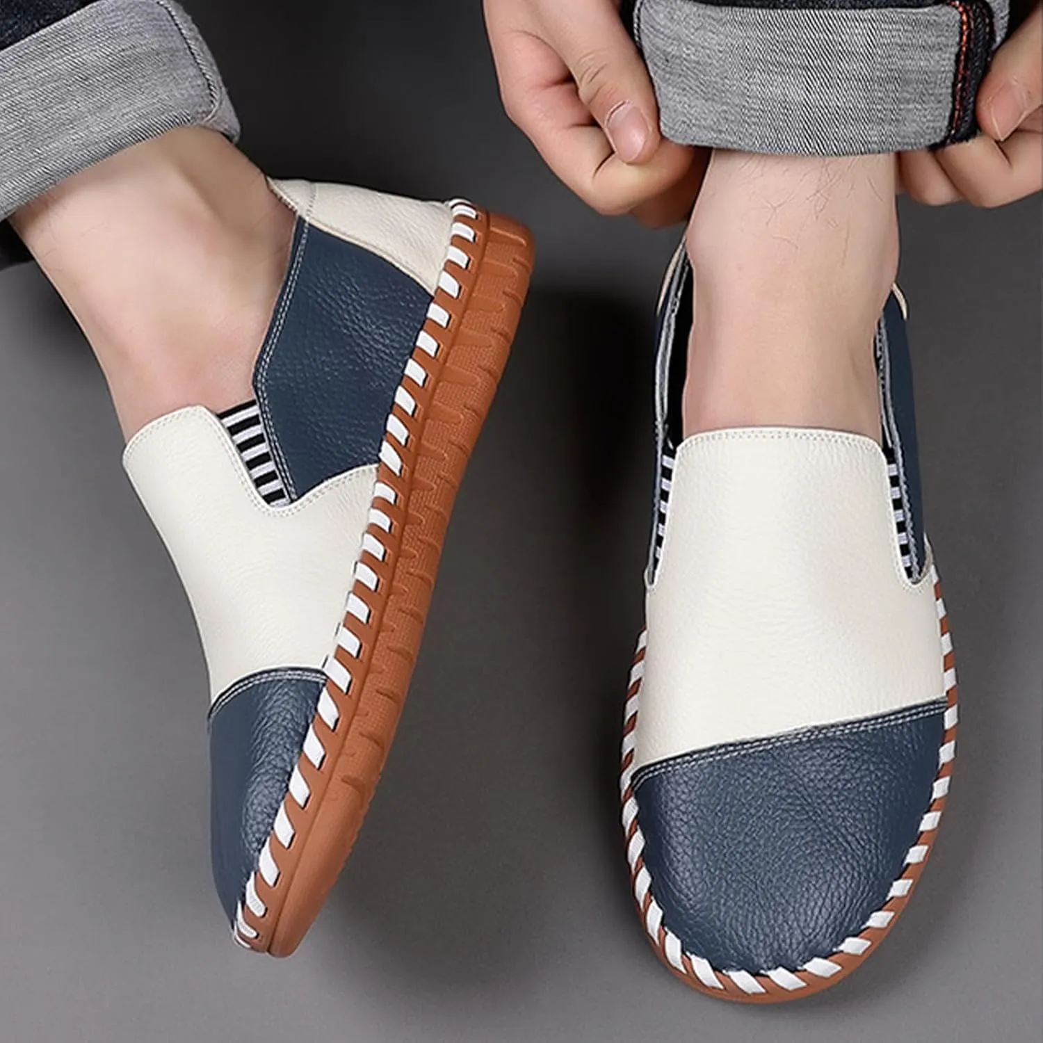 BlackeEight Men's Slip On Colorblock Casual Leather Shoes,Comfort Hand-Stitching Non-Slip Softsole Driving Loafers Fashion Sneakers