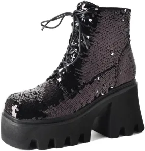 Caradise Womens Lace Up Glitter Combat Boots Chunky Heel Sequin Ankle Booties