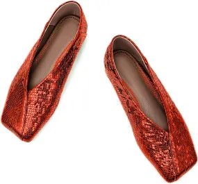 Fandimeier Women's Square Toe Ballet Flats Shoes Snakeskin Dressy Comfortable Slip-on Metallic Leather Ballerina Flats