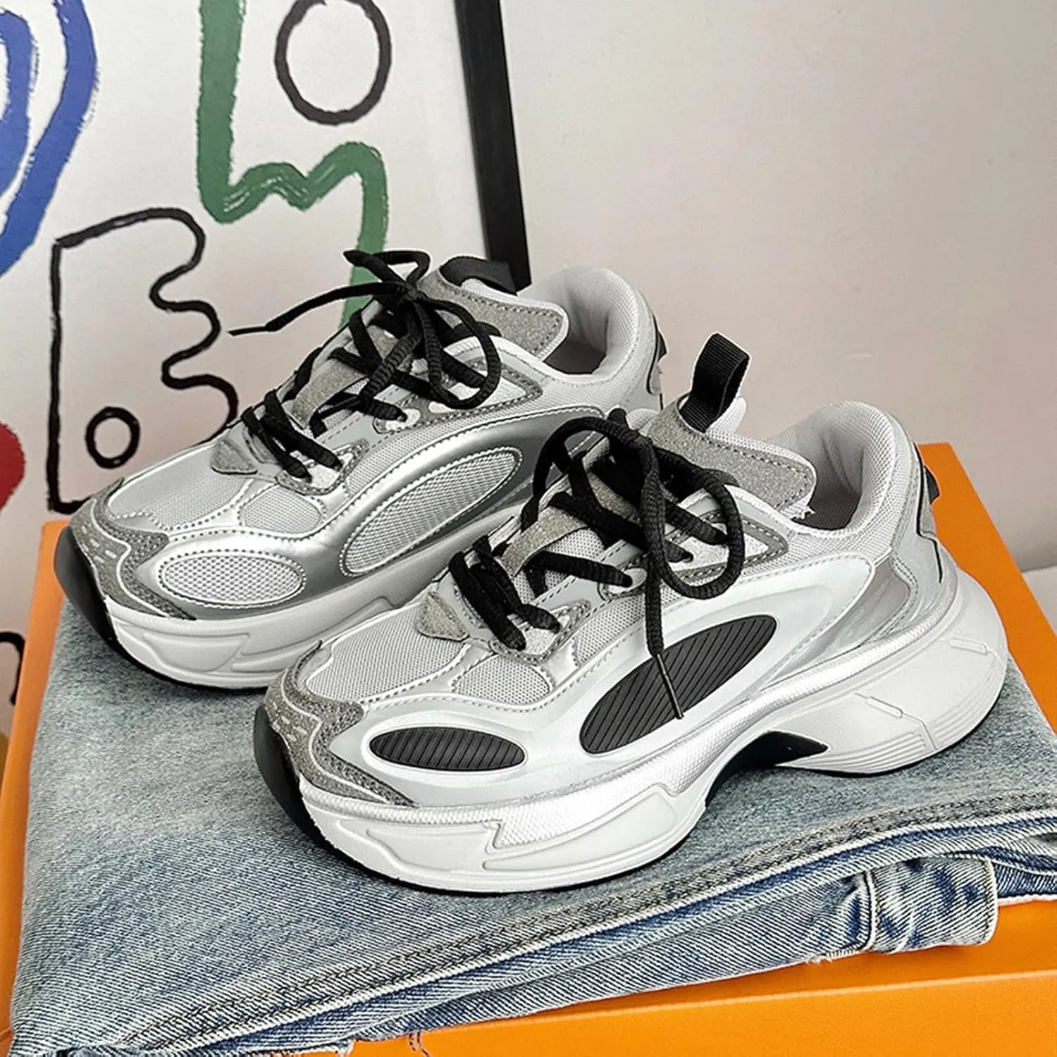 Fashion Women's Platform Sneakers - Lace-up Chunky Trainers for Autumn, Lightweight Mesh Breathable Casual Shoes for Couple,Black-36