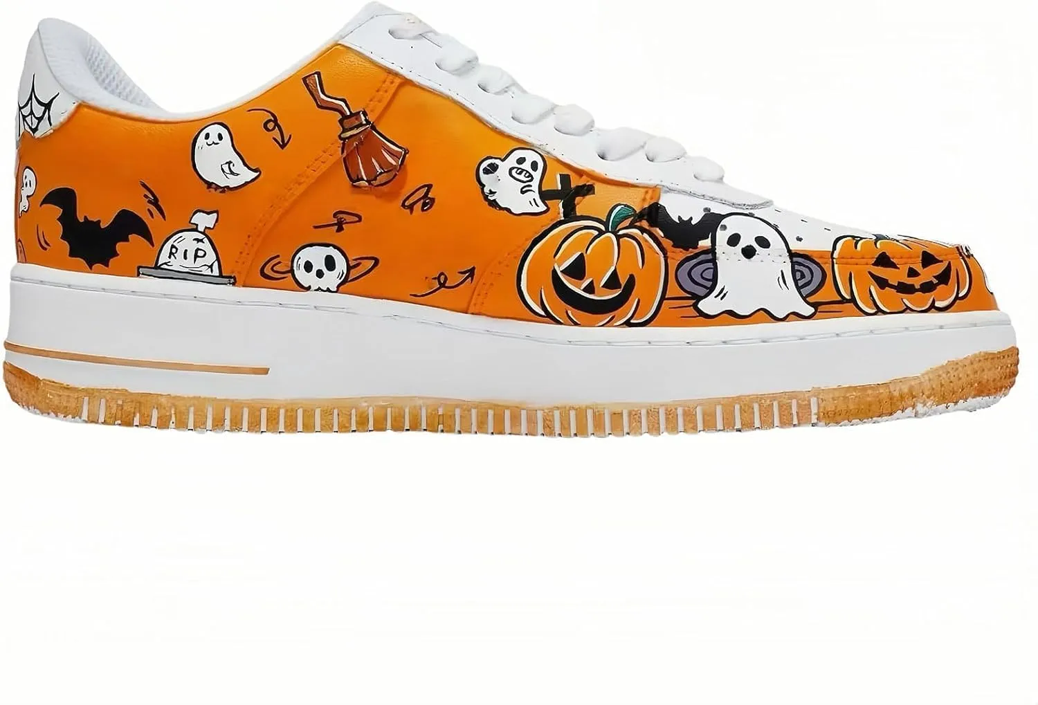 Halloween Sneakers, Platform Casual Shoes with Pumpkin Ghost Pattern, White Orange Fashion Chunky Sneakers for Men and Women