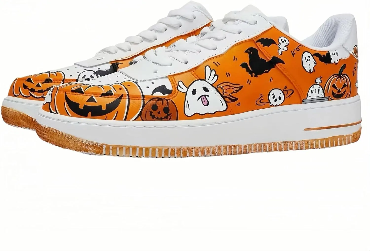 Halloween Sneakers, Platform Casual Shoes with Pumpkin Ghost Pattern, White Orange Fashion Chunky Sneakers for Men and Women