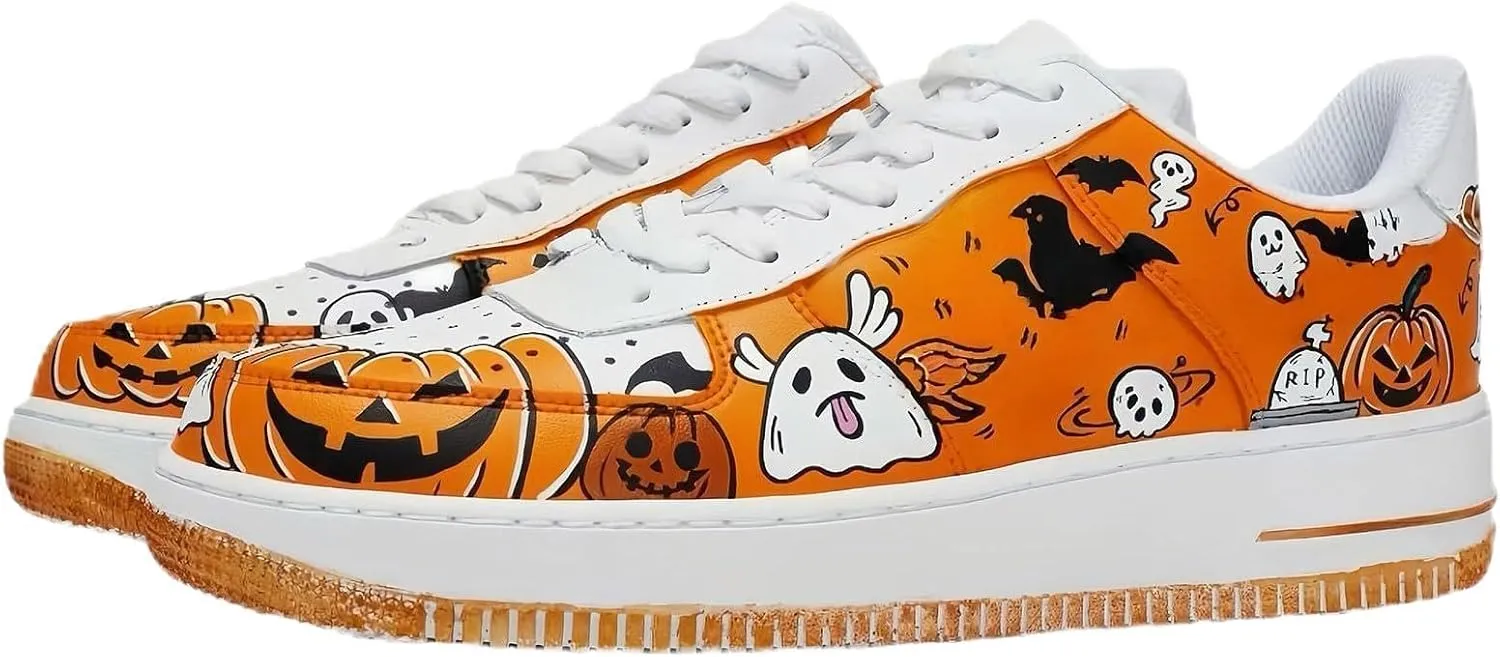 Halloween Sneakers, Platform Casual Shoes with Pumpkin Ghost Pattern, White Orange Fashion Chunky Sneakers for Men and Women