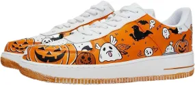 Halloween Sneakers, Platform Casual Shoes with Pumpkin Ghost Pattern, White Orange Fashion Chunky Sneakers for Men and Women