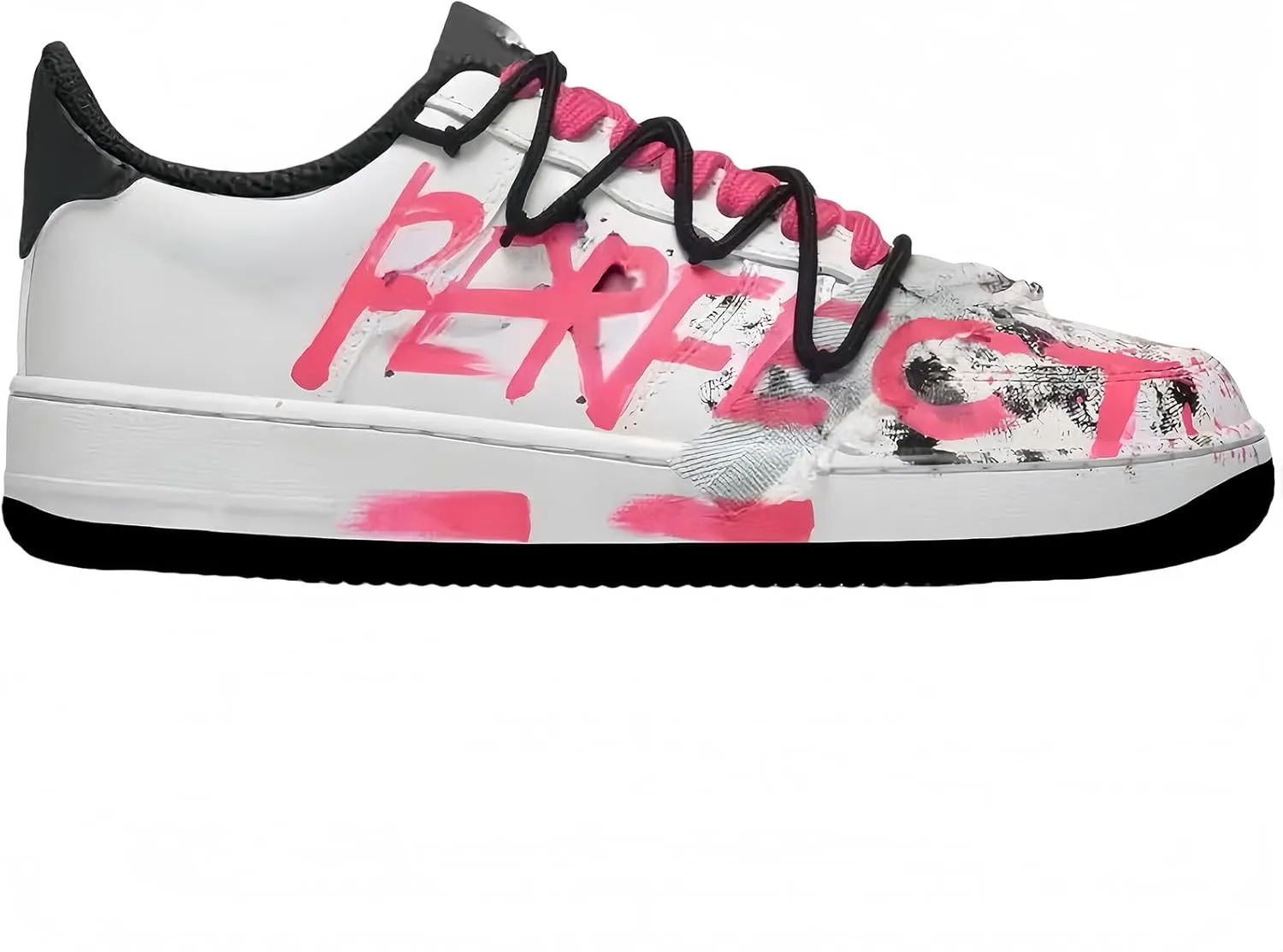 Hand-Painted Platform Sneakers, Fashion Chunky Casual Shoes, White with Pink Graffiti Design, Lace-up Comfort Sneakers for Men and Women