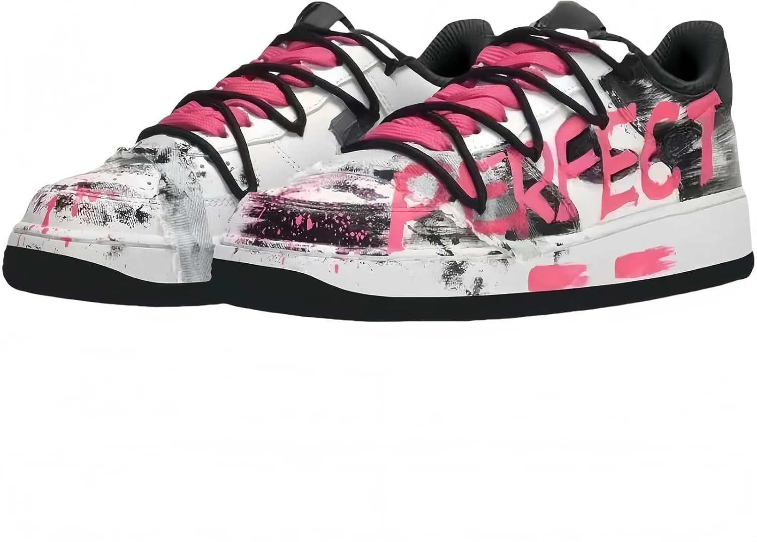 Hand-Painted Platform Sneakers, Fashion Chunky Casual Shoes, White with Pink Graffiti Design, Lace-up Comfort Sneakers for Men and Women