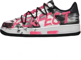 Hand-Painted Platform Sneakers, Fashion Chunky Casual Shoes, White with Pink Graffiti Design, Lace-up Comfort Sneakers for Men and Women