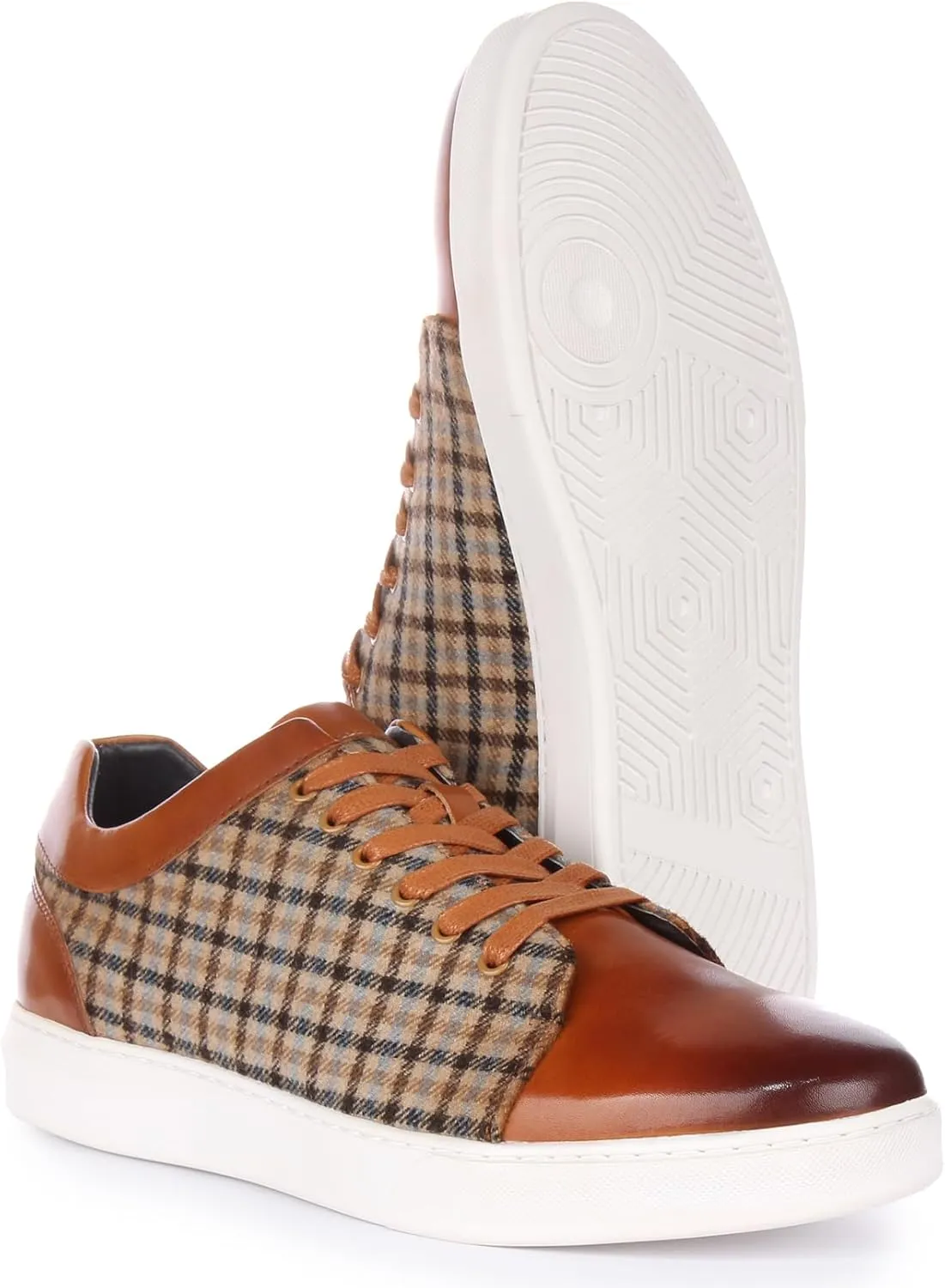 Kayden Men's Check Print Leather Lace Up Trainers, Versatile Style and Comfort