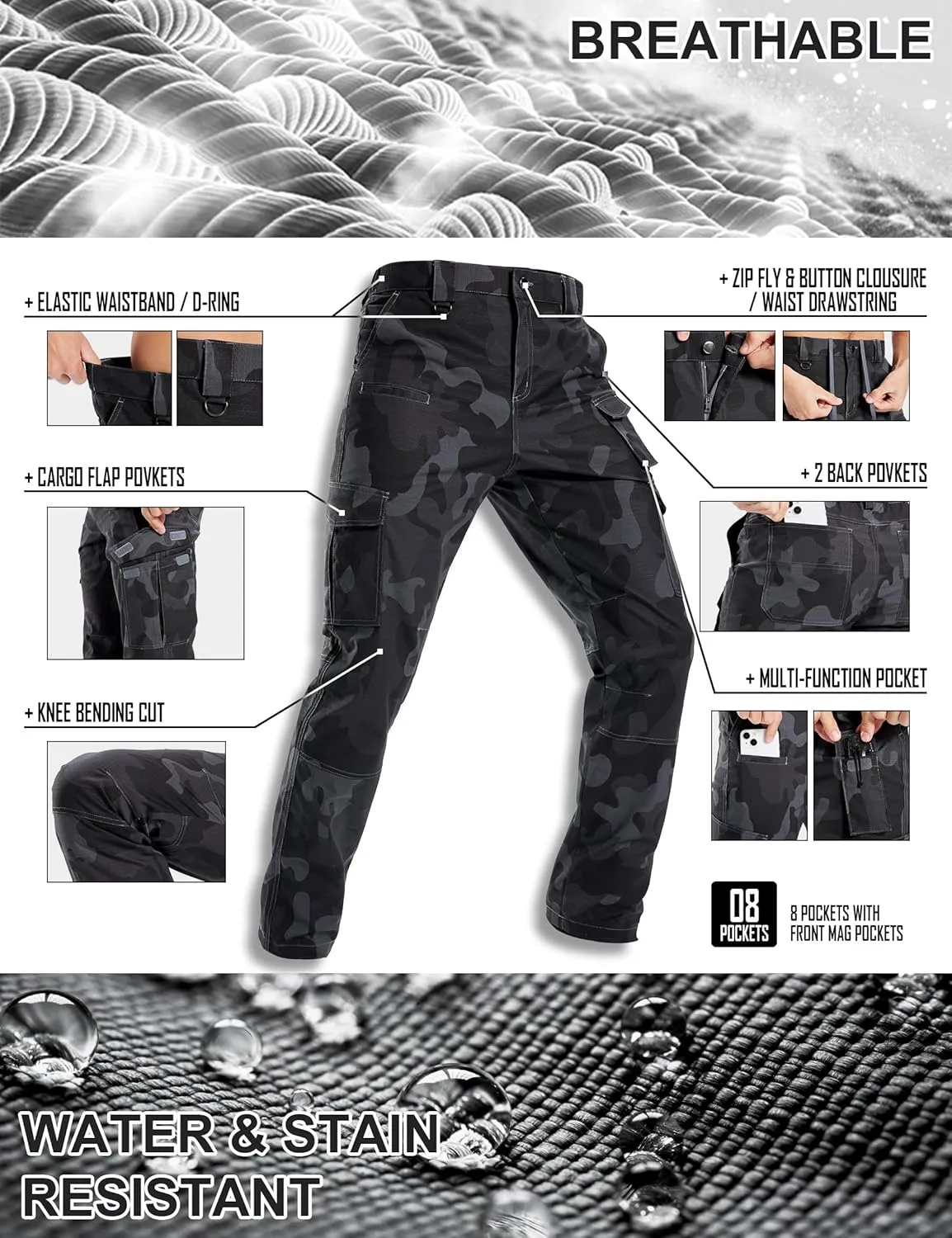 Men's Cargo Work Pants Water Resistant Tactical Pants 29"/31"/33" Lightweight Hiking Ripstop Pants Outdoor Apparel