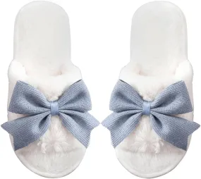 OYOANGLE Women's Cute Bow Decor Fuzzy Open Toe Indoor Home Slippers Fashionable Warm Comfy Furry Outdoor Slippers