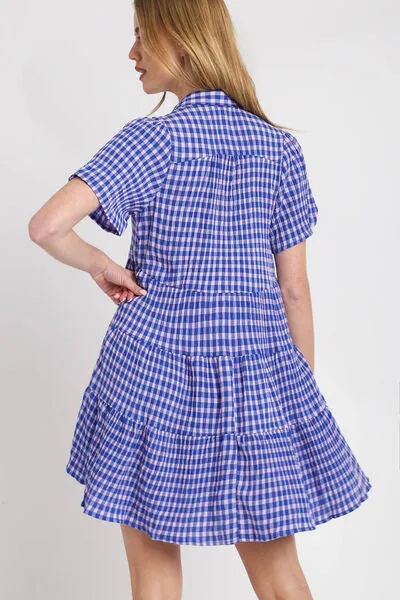Southern Breeze Gingham Tiered Short Sleeve Dress in Blue