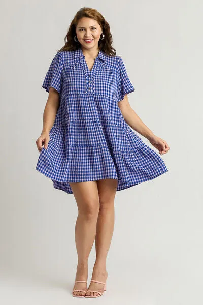 Southern Breeze Gingham Tiered Short Sleeve Dress in Blue