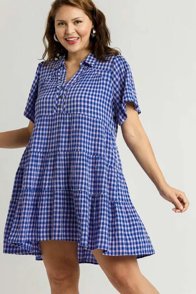 Southern Breeze Gingham Tiered Short Sleeve Dress in Blue