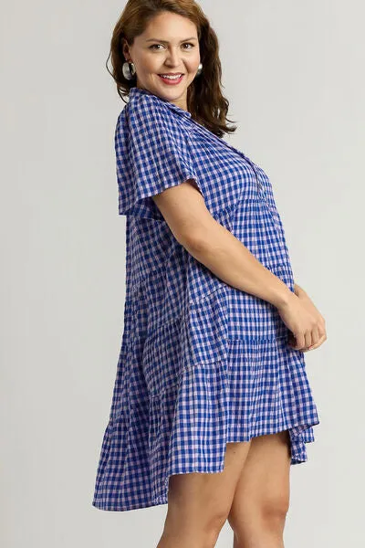 Southern Breeze Gingham Tiered Short Sleeve Dress in Blue