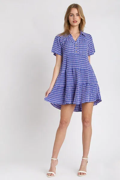 Southern Breeze Gingham Tiered Short Sleeve Dress in Blue