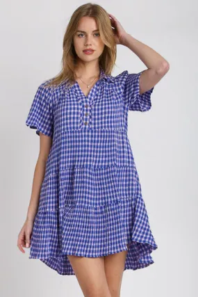 Southern Breeze Gingham Tiered Short Sleeve Dress in Blue