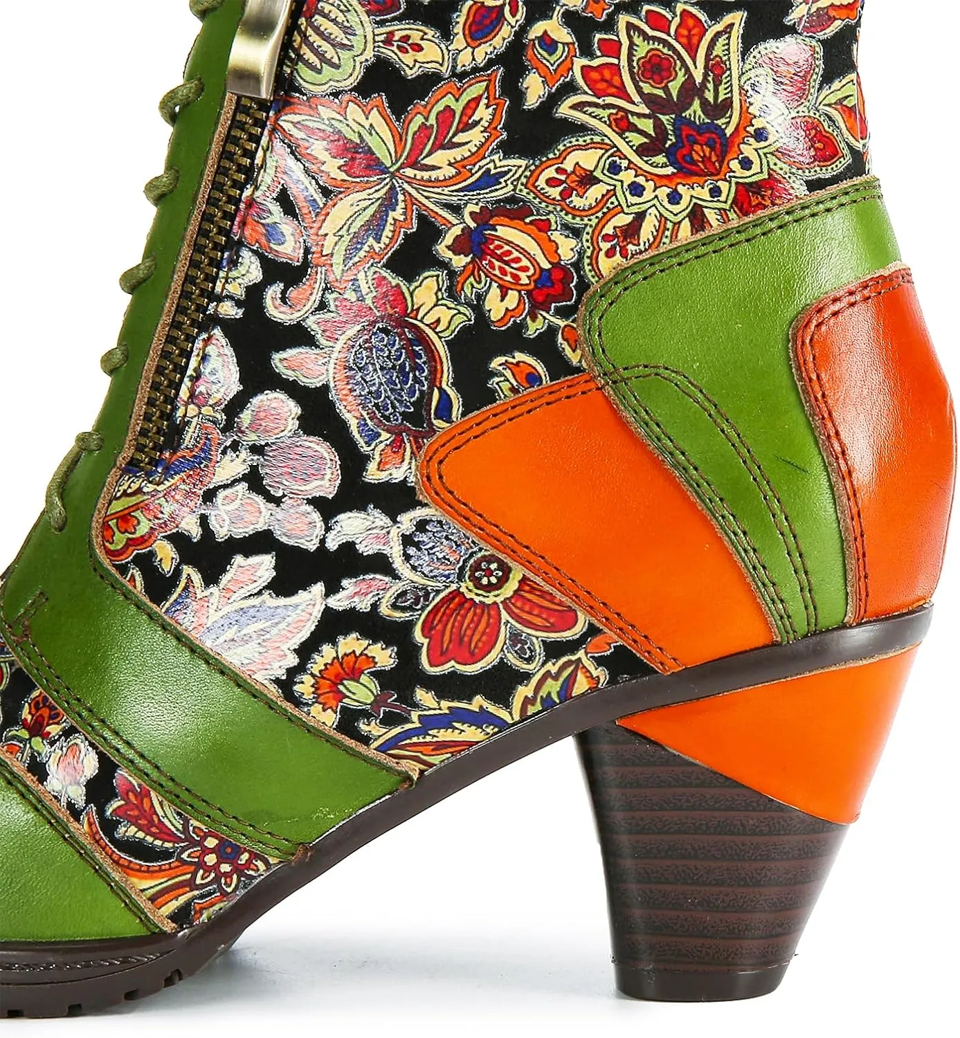 Superladystar's Retro Handmade Leather Ankle Boots, Mid heels, Comfortable, Boots, Colorful Painting, Metallic Style - Fashion