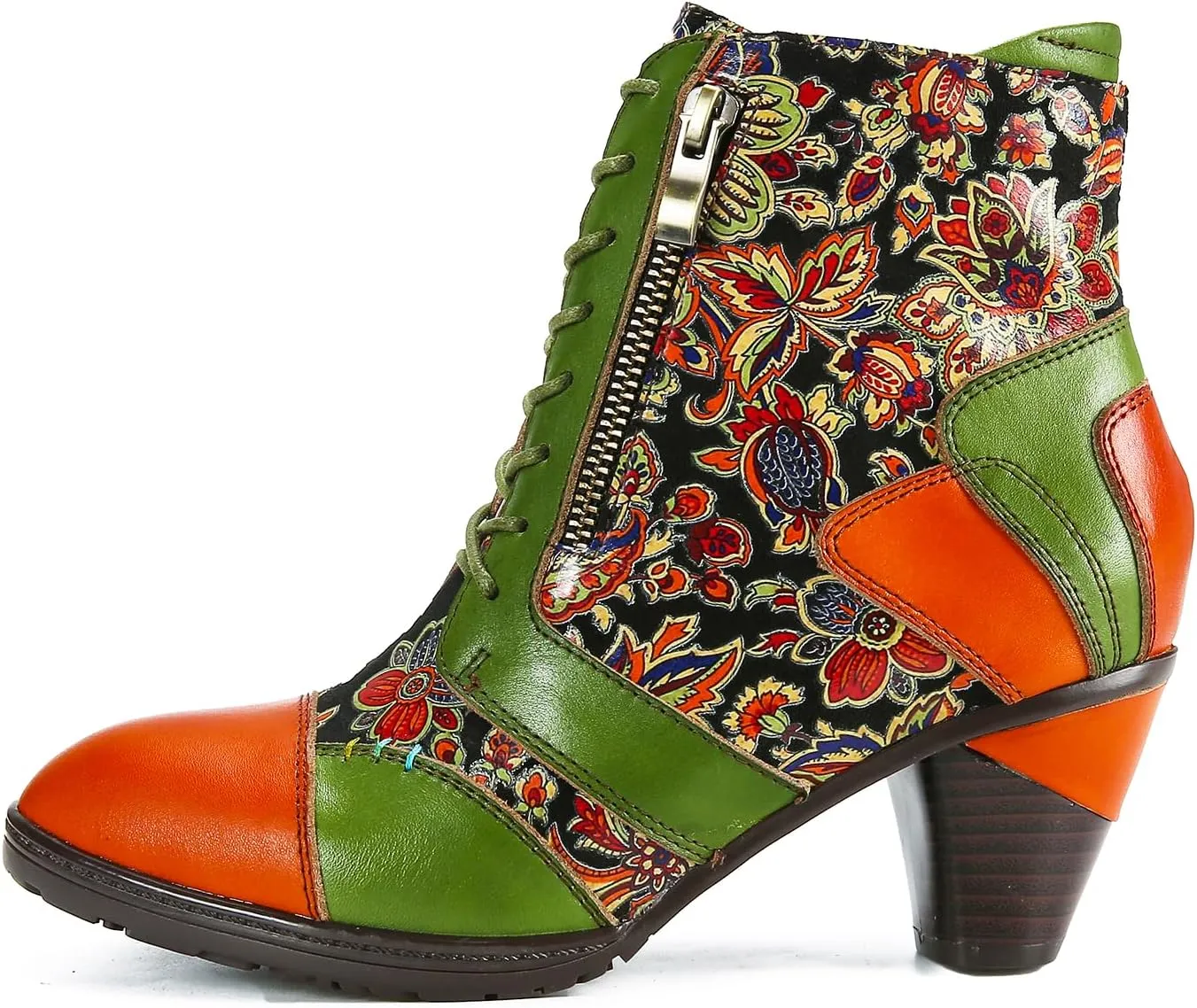 Superladystar's Retro Handmade Leather Ankle Boots, Mid heels, Comfortable, Boots, Colorful Painting, Metallic Style - Fashion