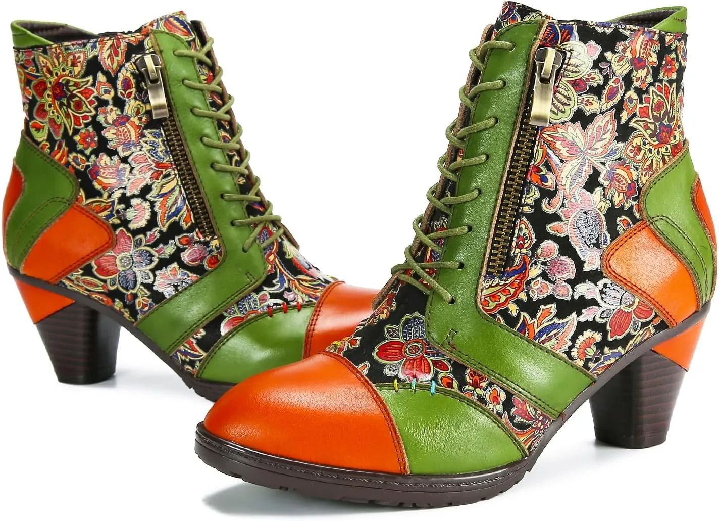 Superladystar's Retro Handmade Leather Ankle Boots, Mid heels, Comfortable, Boots, Colorful Painting, Metallic Style - Fashion