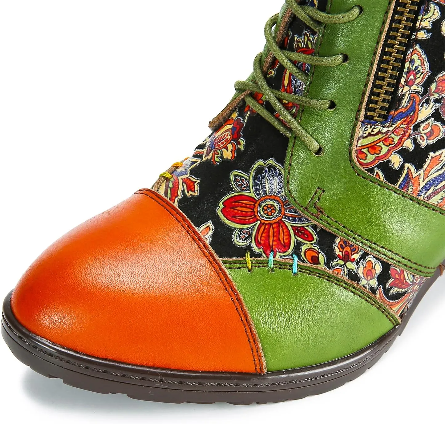 Superladystar's Retro Handmade Leather Ankle Boots, Mid heels, Comfortable, Boots, Colorful Painting, Metallic Style - Fashion