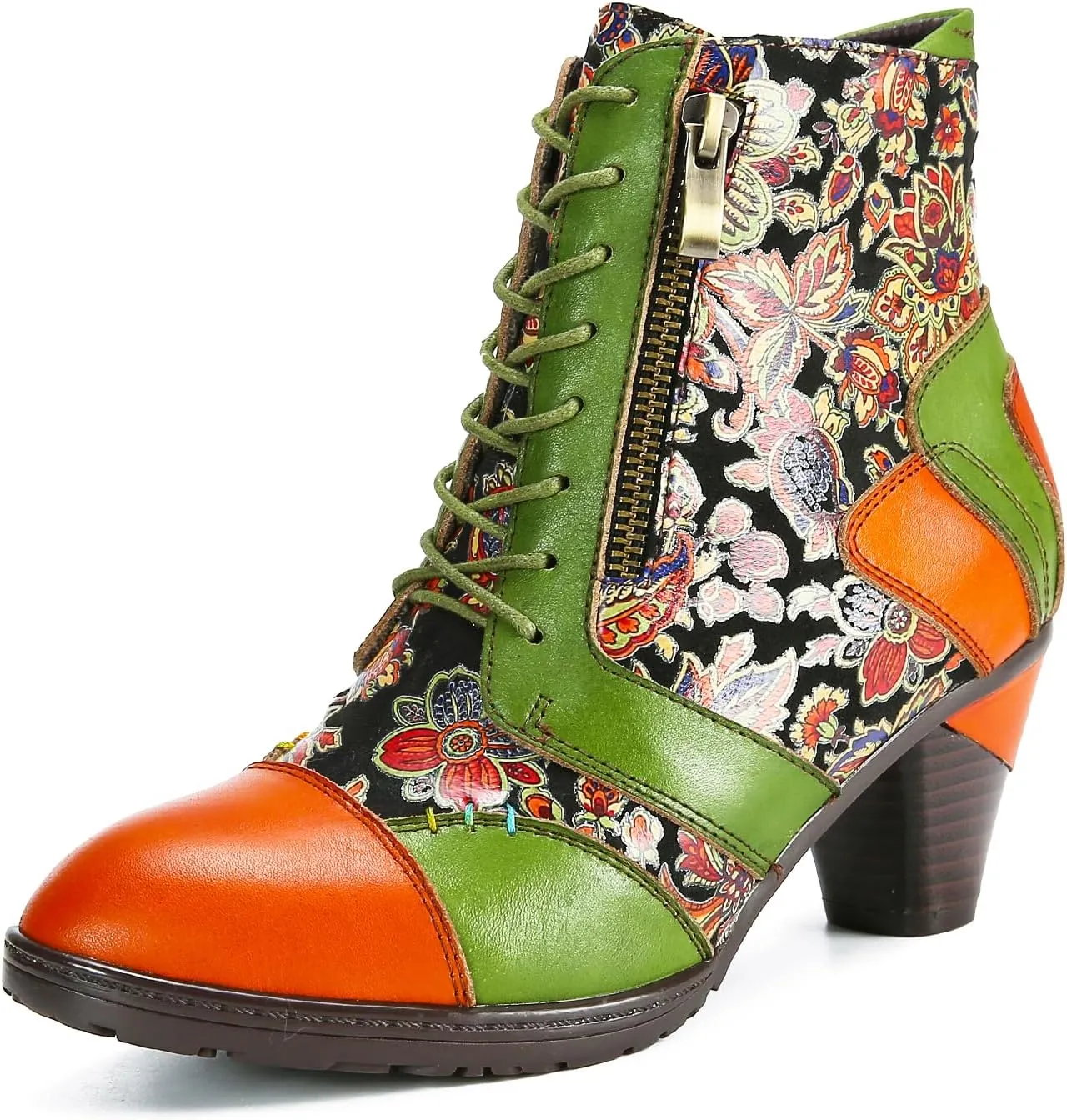 Superladystar's Retro Handmade Leather Ankle Boots, Mid heels, Comfortable, Boots, Colorful Painting, Metallic Style - Fashion