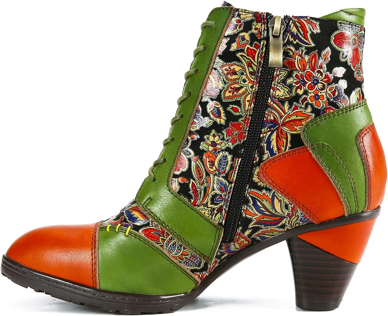 Superladystar's Retro Handmade Leather Ankle Boots, Mid heels, Comfortable, Boots, Colorful Painting, Metallic Style - Fashion