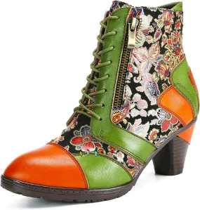 Superladystar's Retro Handmade Leather Ankle Boots, Mid heels, Comfortable, Boots, Colorful Painting, Metallic Style - Fashion