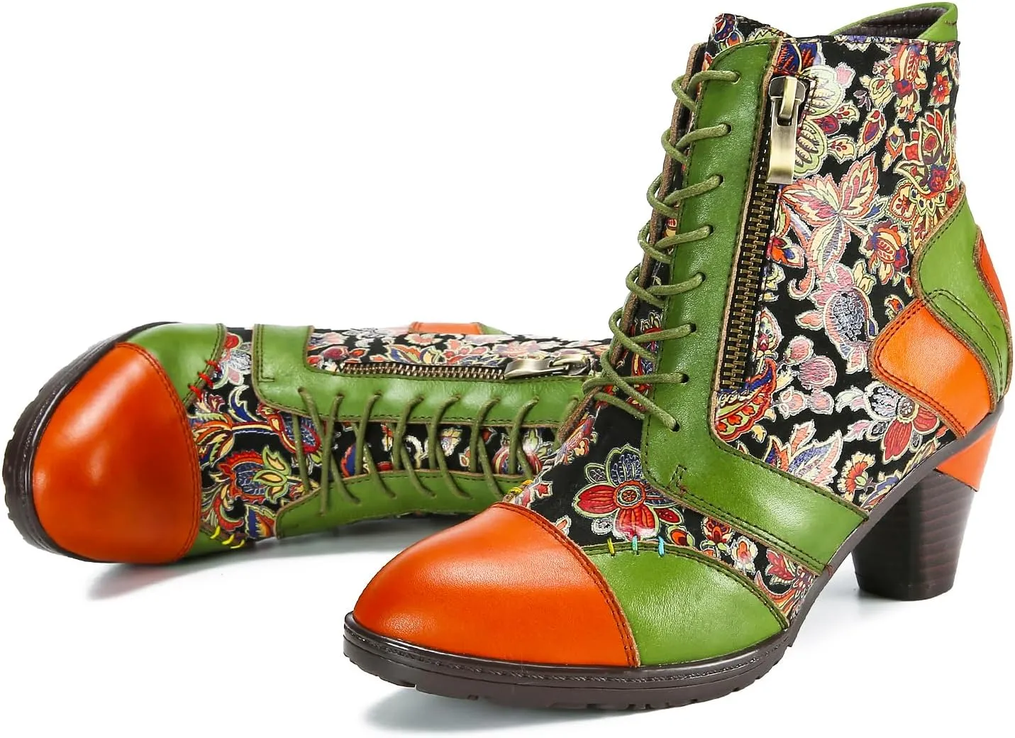 Superladystar's Retro Handmade Leather Ankle Boots, Mid heels, Comfortable, Boots, Colorful Painting, Metallic Style - Fashion