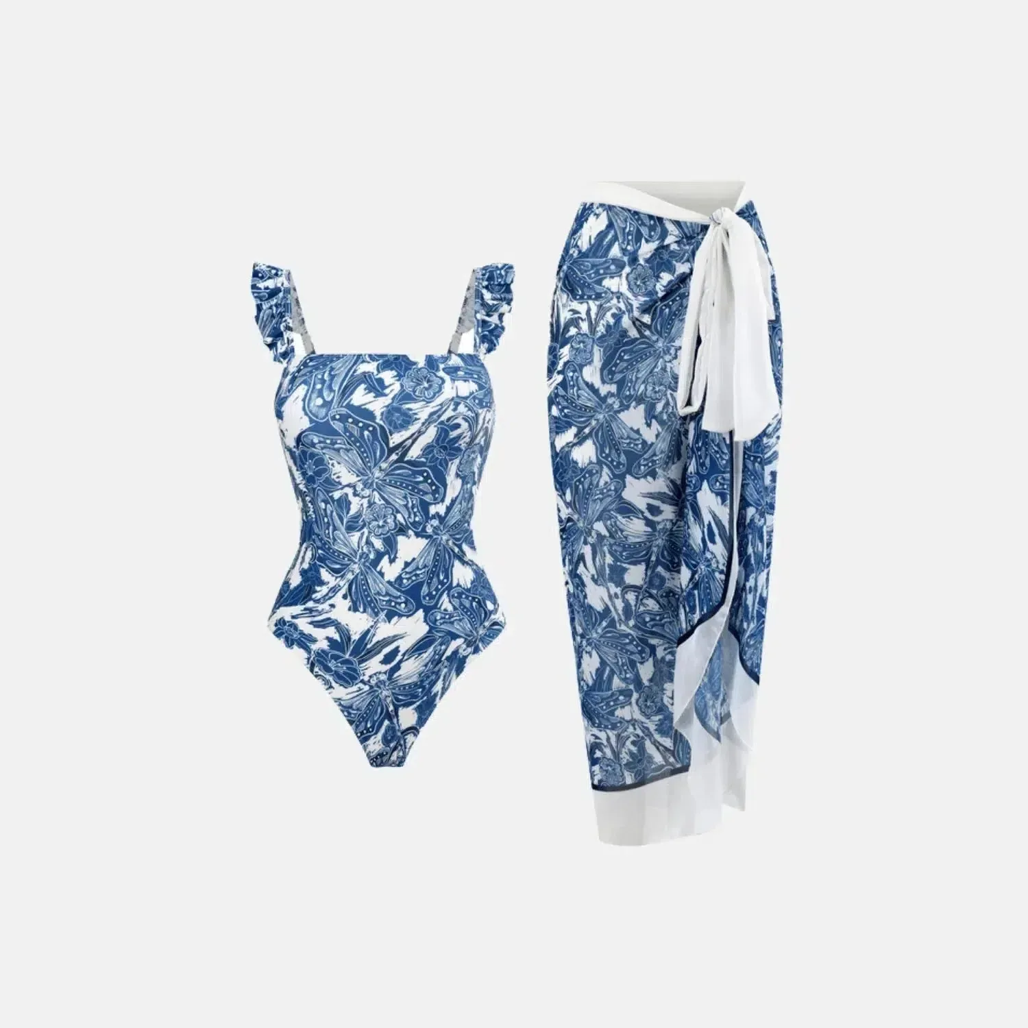 Été Sereno Set – Blue-and-white print – Ruffle swimsuit set