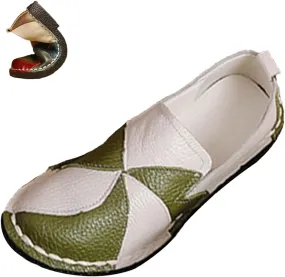Women's Leather Colorblock Slip-on Flat Shoes,Vintage Comfy Hand-Stitching Softsole Driving Walking Casual Loafers