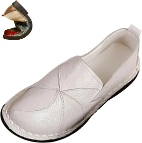 Women's Leather Colorblock Slip-on Flat Shoes,Vintage Comfy Hand-Stitching Softsole Driving Walking Casual Loafers