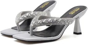 Women's Square Open Toe Heeled Sandals with Rhinestone Square Open Toe Kitten Heel Flip Flops Thong Slippers for Women