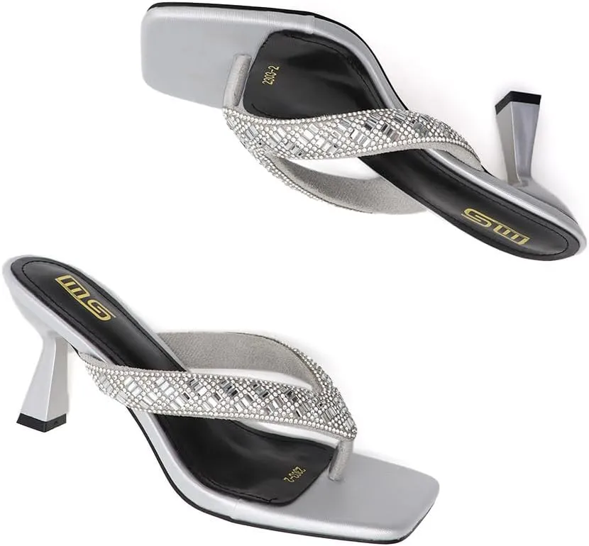 Women's Square Open Toe Heeled Sandals with Rhinestone Square Open Toe Kitten Heel Flip Flops Thong Slippers for Women