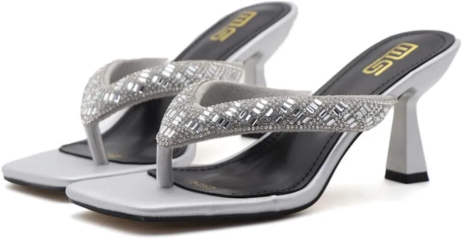 Women's Square Open Toe Heeled Sandals with Rhinestone Square Open Toe Kitten Heel Flip Flops Thong Slippers for Women