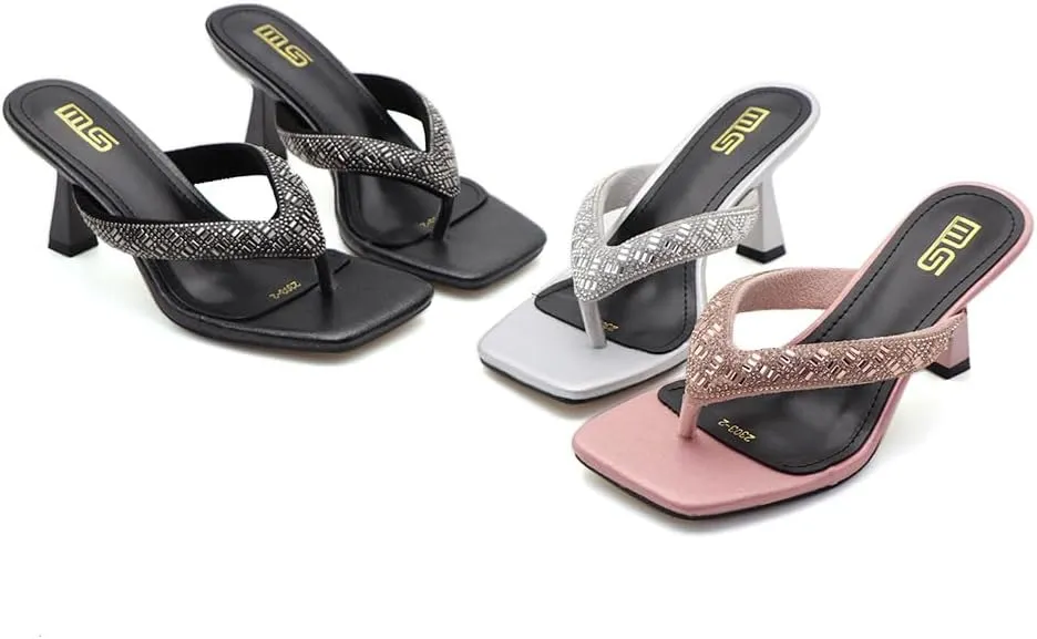Women's Square Open Toe Heeled Sandals with Rhinestone Square Open Toe Kitten Heel Flip Flops Thong Slippers for Women