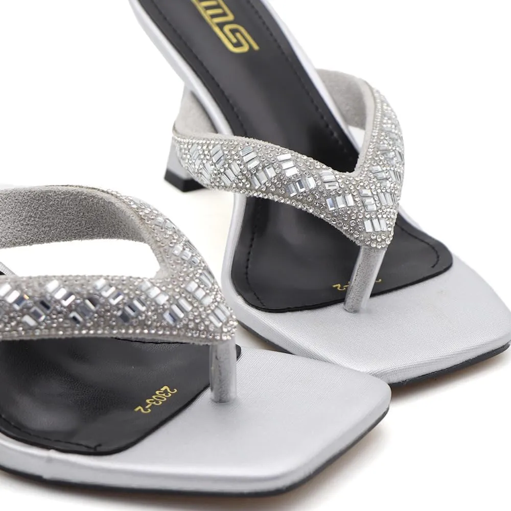 Women's Square Open Toe Heeled Sandals with Rhinestone Square Open Toe Kitten Heel Flip Flops Thong Slippers for Women