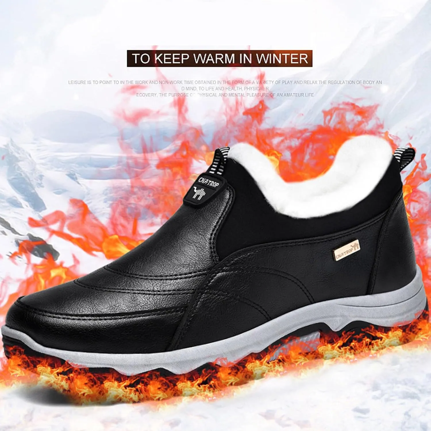 Zeberfi Men's Warm Fur Lined Slip On Snow Boots Winter Casual Trekking Anti-Slip Waterproof Backpacking Leather Booties Lightweight Outdoor Walking Hiking Loafers