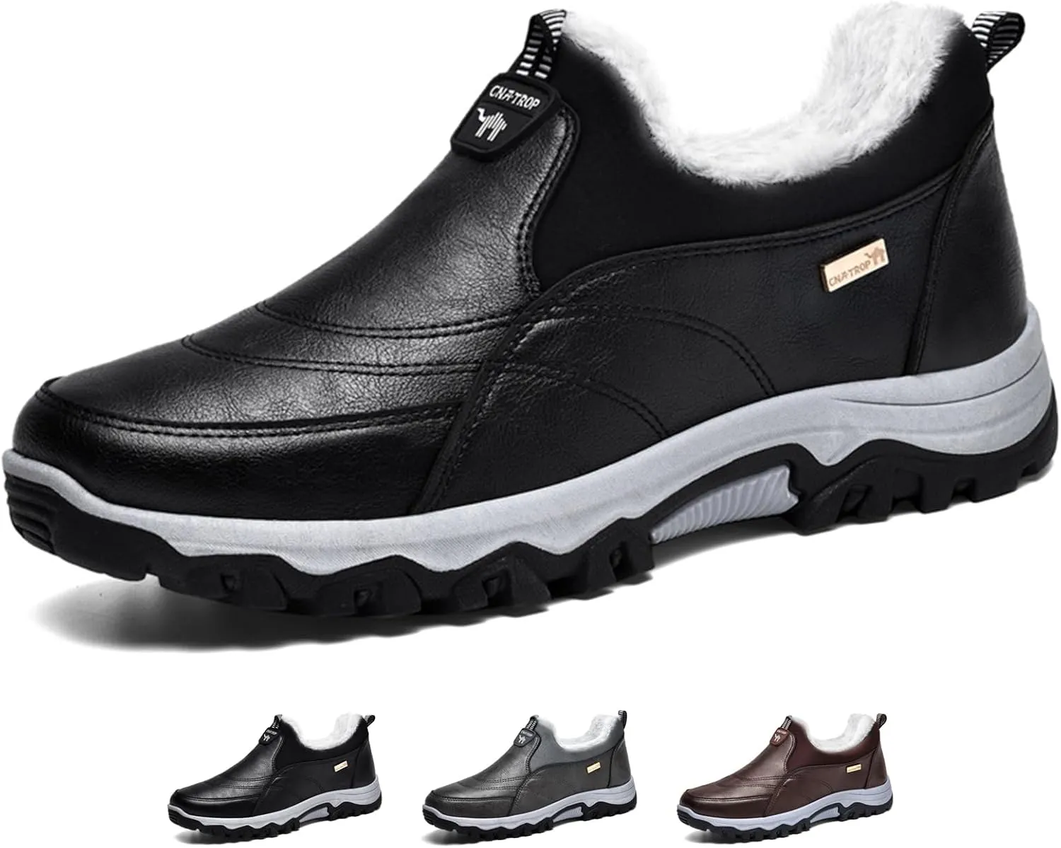 Zeberfi Men's Warm Fur Lined Slip On Snow Boots Winter Casual Trekking Anti-Slip Waterproof Backpacking Leather Booties Lightweight Outdoor Walking Hiking Loafers